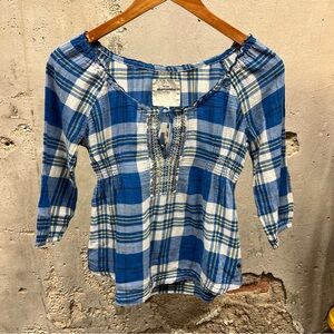 Abercrombie Y2K Vintage Blue Plaid Beaded Babydoll Ruched Top Flannel Medium M